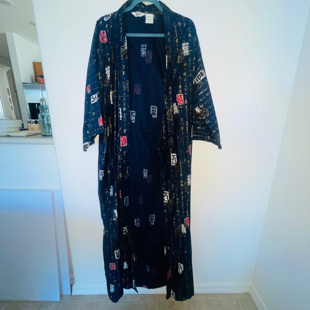 Juguemu Unisex Yukata Kimono One Size Navy Blue Kanji Calligraphy Cotton Robe